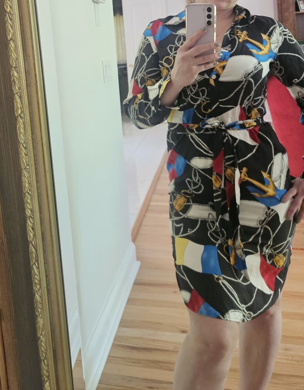 Ralph Lauren Nautical Print Black Tie-Waist Shirt Dress. Silk. Sz 8p - Picture 1 of 5